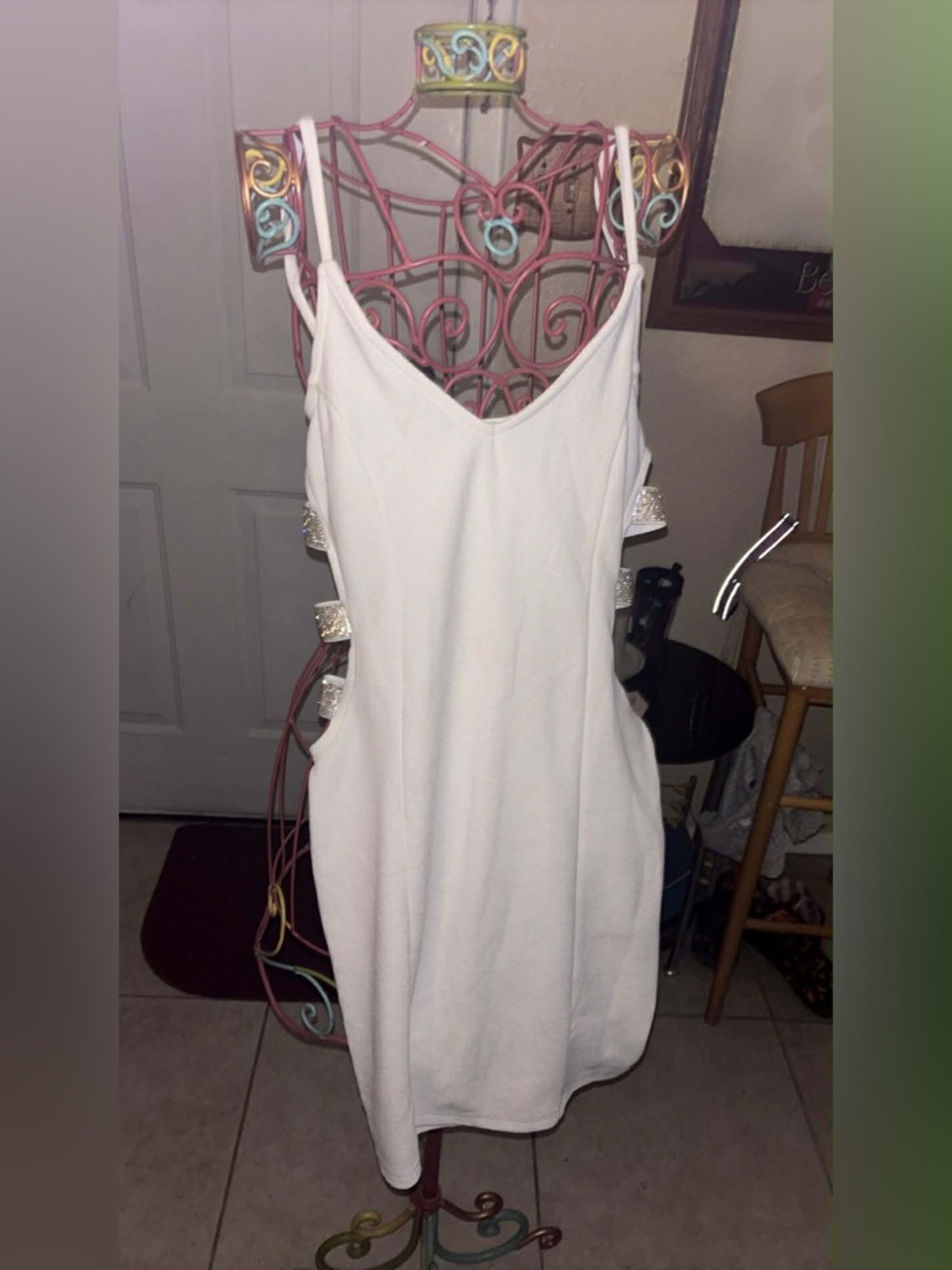 White Spaghetti Strap Cutout Dress with Embellished Sides
